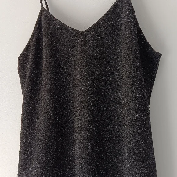 Angie Slip Mini Dress Black Silver Metallic Shimmer Spaghetti Strap Low V Medium - Picture 6 of 14
